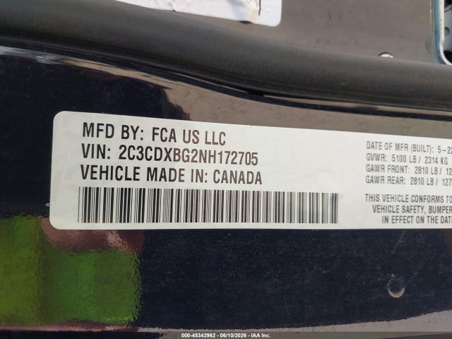 2022 Dodge Charger Sxt Rwd მანქანა იყიდება აუქციონზე, vin: 2C3CDXBG2NH172705, აუქციონის ნომერი: 45342962
