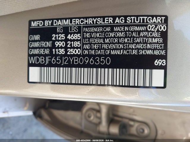 Aukcja sprzedaży 2000 Mercedes-benz E 320, vin: WDBJF65J2YB096350, numer aukcji: 45342998