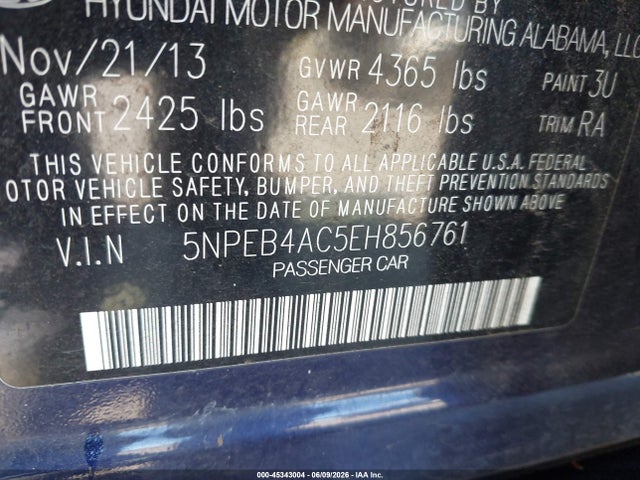 Aukcja sprzedaży 2014 Hyundai Sonata Gls, vin: 5NPEB4AC5EH856761, numer aukcji: 45343004