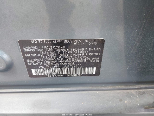 Продажа на аукционе авто 2010 Subaru Forester 2.5x Limited, vin: JF2SH6DC6AH797433, номер лота: 45343024