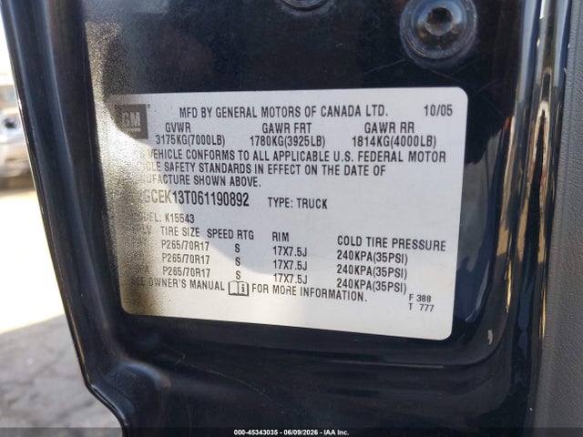 2006 Chevrolet Silverado 1500 Lt3 მანქანა იყიდება აუქციონზე, vin: 2GCEK13T061190892, აუქციონის ნომერი: 45343035
