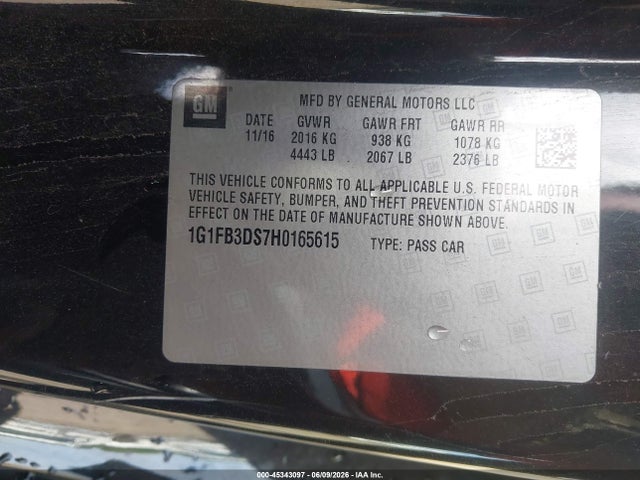 45343097 :رقم المزاد ، 1G1FB3DS7H0165615 vin ، 2017 Chevrolet Camaro 1lt مزاد بيع