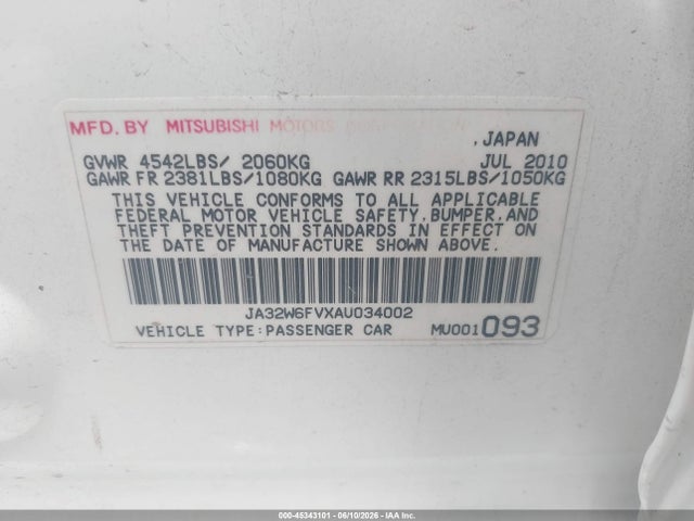 Aukcja sprzedaży 2010 Mitsubishi Lancer Evolution Se, vin: JA32W6FVXAU034002, numer aukcji: 45343101