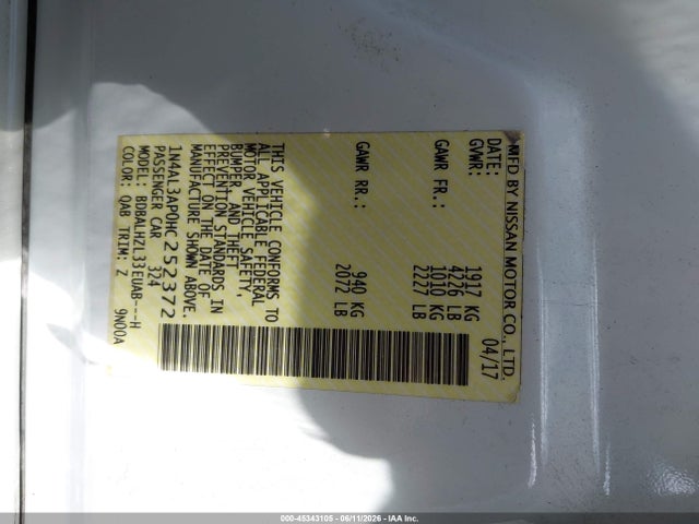 45343105 :رقم المزاد ، 1N4AL3AP0HC252372 vin ، 2017 Nissan Altima 2.5 Sr مزاد بيع