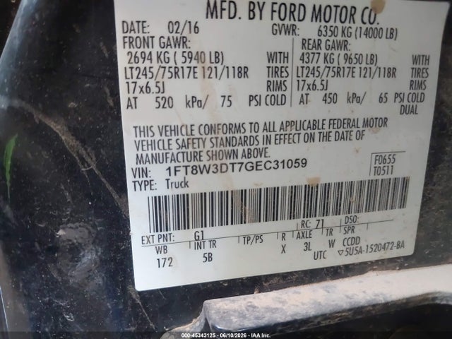 Продажа на аукционе авто 2016 Ford F-350 Lariat, vin: 1FT8W3DT7GEC31059, номер лота: 45343125