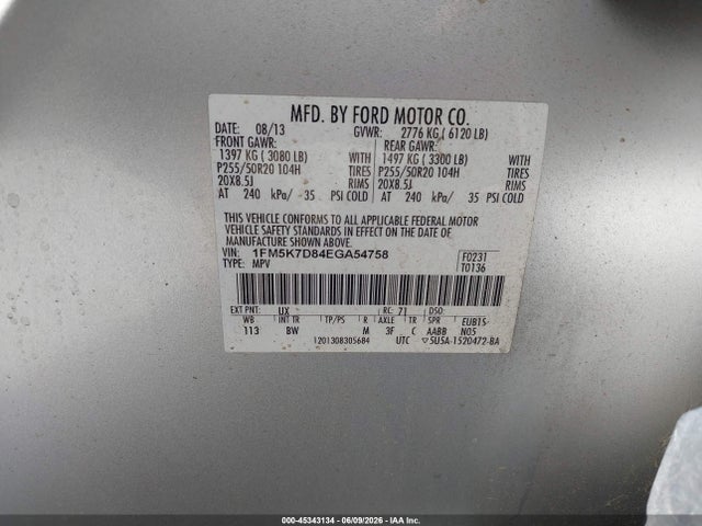 Aukcja sprzedaży 2014 Ford Explorer Xlt, vin: 1FM5K7D84EGA54758, numer aukcji: 45343134