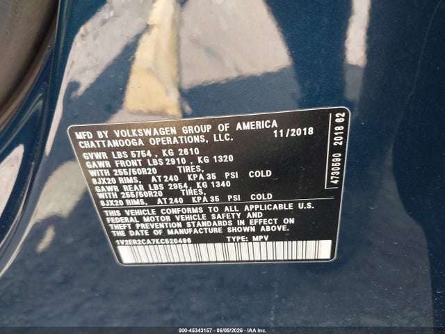 2019 Volkswagen Atlas 3.6l V6 Sel მანქანა იყიდება აუქციონზე, vin: 1V2ER2CA7KC520496, აუქციონის ნომერი: 45343157