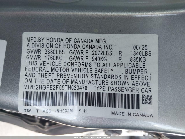 Honda Civic Sport 2026 2HGFE2F55TH520478 Image 9