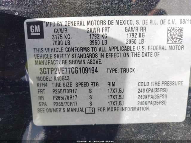 45343190 :رقم المزاد ، 3GTP2VE77CG109194 vin ، 2012 Gmc Sierra 1500 Sle مزاد بيع