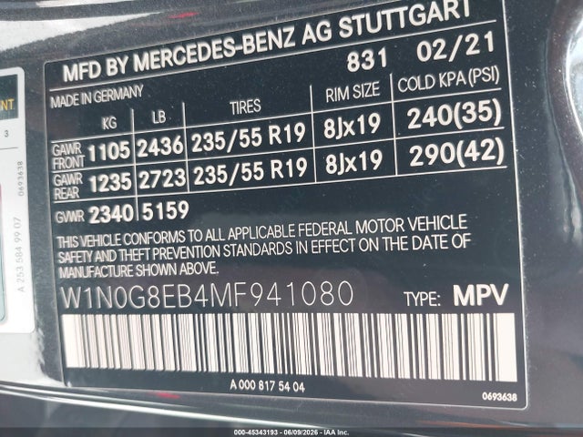 45343193 :رقم المزاد ، W1N0G8EB4MF941080 vin ، 2021 Mercedes-benz Glc 300 4matic Suv مزاد بيع