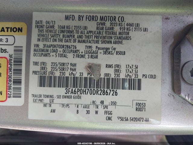 45343196 :رقم المزاد ، 3FA6P0H70DR286726 vin ، 2013 Ford Fusion Se مزاد بيع