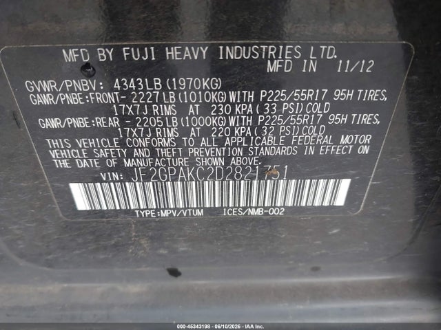Продажа на аукционе авто 2013 Subaru Xv Crosstrek 2.0i Limited, vin: JF2GPAKC2D2821751, номер лота: 45343198
