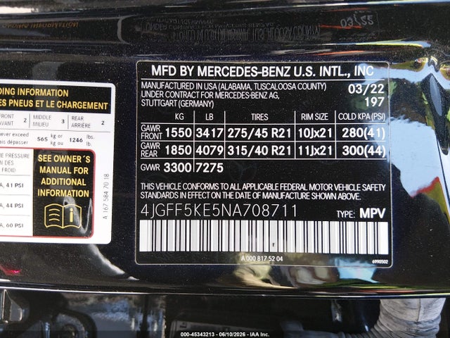 45343213 :رقم المزاد ، 4JGFF5KE5NA708711 vin ، 2022 Mercedes-benz Gls 450 4matic مزاد بيع