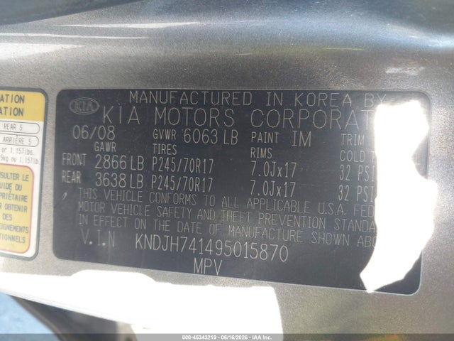 45343219 :رقم المزاد ، KNDJH741495015870 vin ، 2009 Kia Borrego Ex V6 مزاد بيع