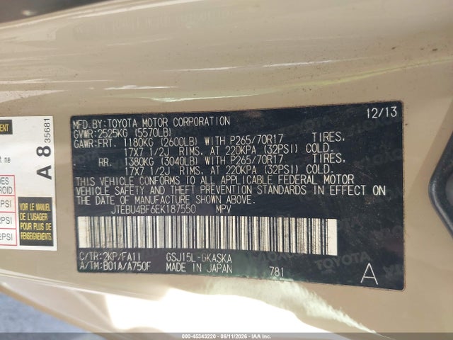 45343220 :رقم المزاد ، JTEBU4BF6EK187550 vin ، 2014 Toyota Fj Cruiser مزاد بيع