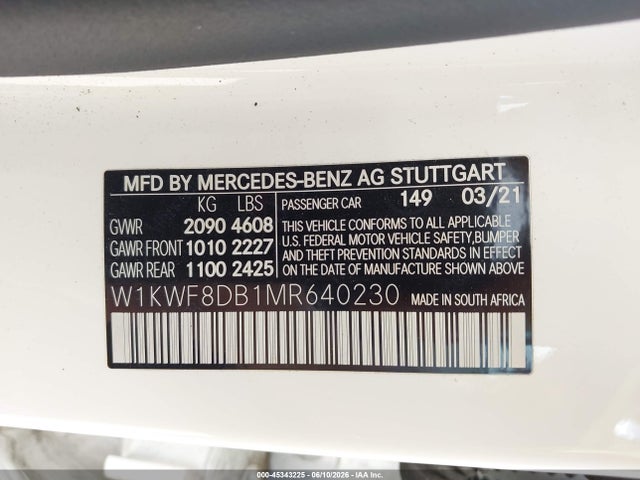 Продажа на аукционе авто 2021 Mercedes-benz C 300 Sedan, vin: W1KWF8DB1MR640230, номер лота: 45343225