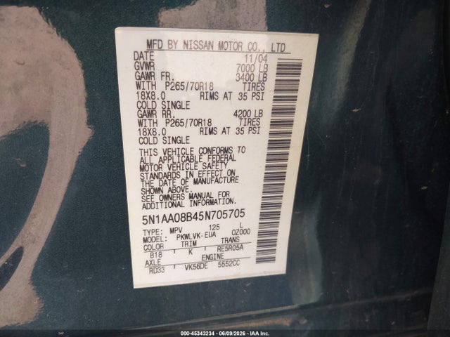 Продажа на аукционе авто 2005 Nissan Armada Le, vin: 5N1AA08B45N705705, номер лота: 45343234