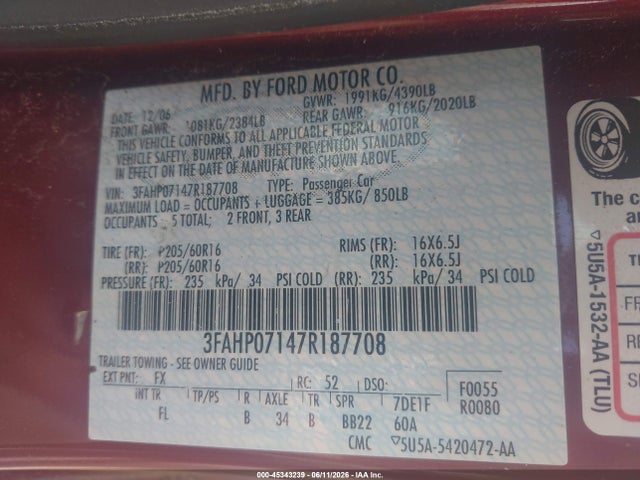 Продажа на аукционе авто 2007 Ford Fusion Se, vin: 3FAHP07147R187708, номер лота: 45343239