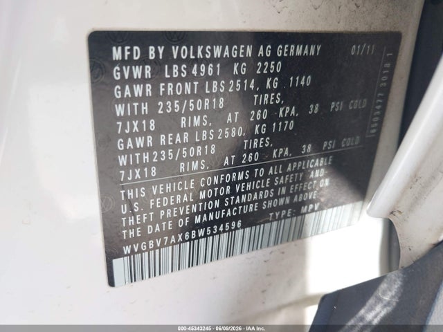 45343245 :رقم المزاد ، WVGBV7AX6BW534596 vin ، 2011 Volkswagen Tiguan Sel مزاد بيع