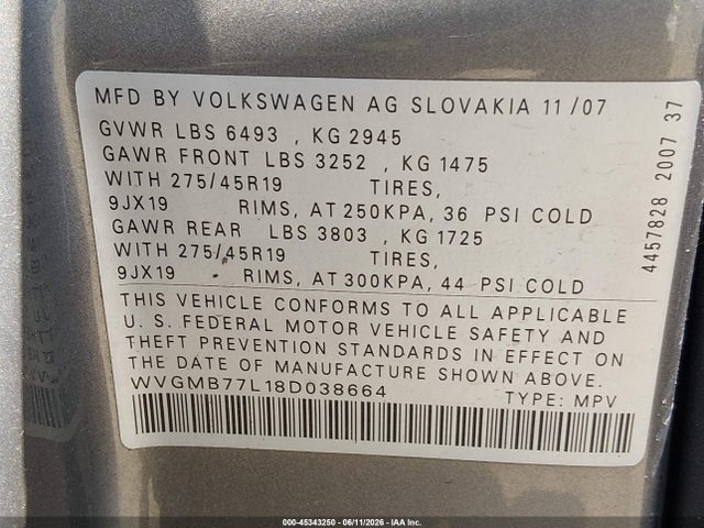 Aukcja sprzedaży 2008 Volkswagen Touareg 2 V8 Fsi, vin: WVGMB77L18D038664, numer aukcji: 45343250
