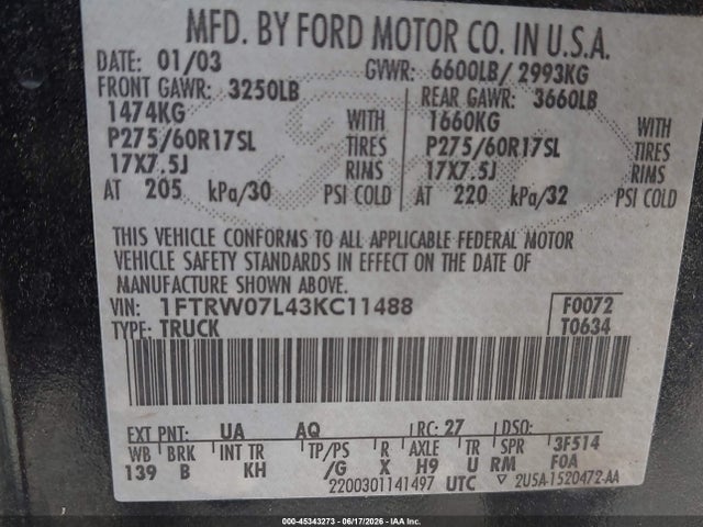 Aukcja sprzedaży 2003 Ford F-150 Lariat/xlt, vin: 1FTRW07L43KC11488, numer aukcji: 45343273