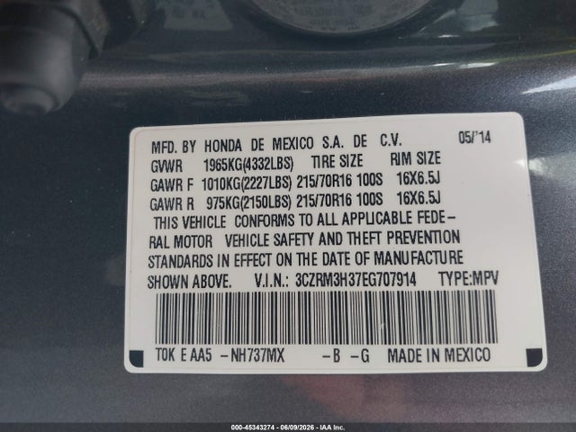 Aukcja sprzedaży 2014 Honda Cr-v Lx, vin: 3CZRM3H37EG707914, numer aukcji: 45343274