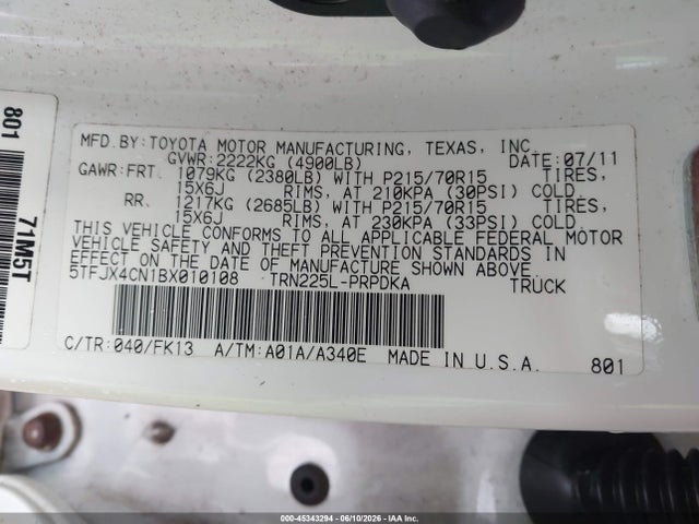 Aukcja sprzedaży 2011 Toyota Tacoma Prerunner, vin: 5TFJX4CN1BX010108, numer aukcji: 45343294