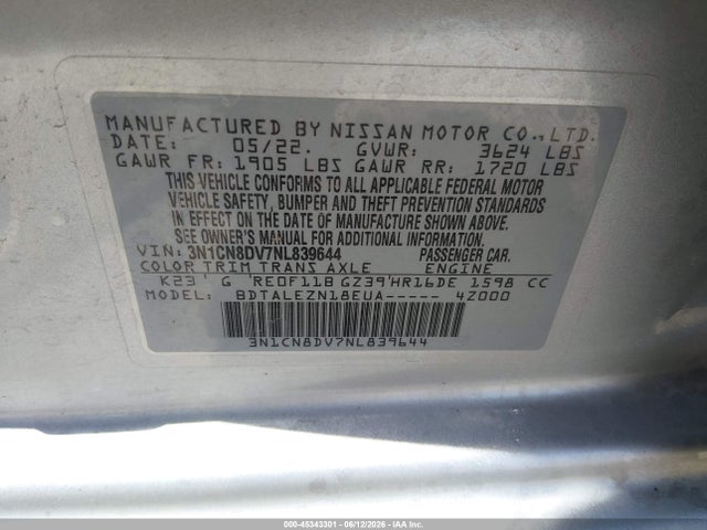 Nissan Versa 1.6 S Xtronic Cvt 2022 3N1CN8DV7NL839644 Image 9