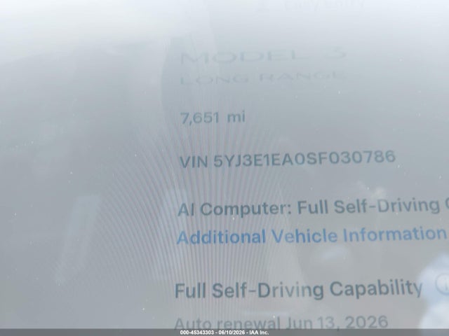 2025 Tesla Model 3 მანქანა იყიდება აუქციონზე, vin: 5YJ3E1EA0SF030786, აუქციონის ნომერი: 45343303