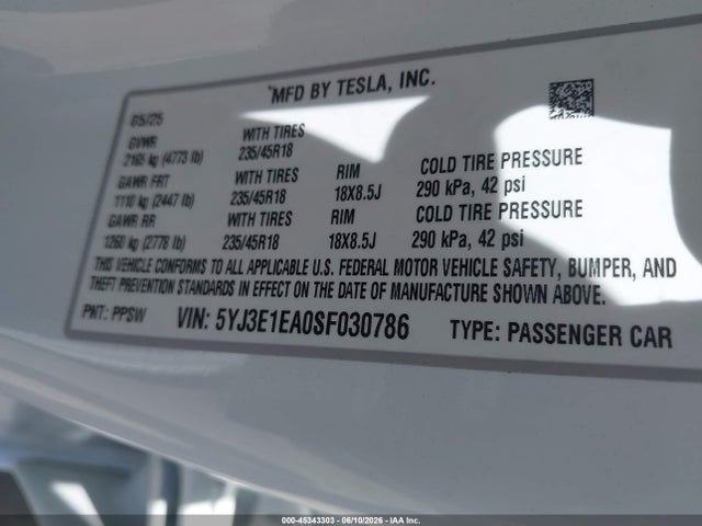 2025 Tesla Model 3 მანქანა იყიდება აუქციონზე, vin: 5YJ3E1EA0SF030786, აუქციონის ნომერი: 45343303