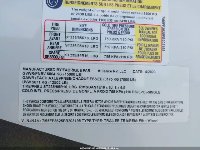 Продажа на аукционе авто 2023 Alliance R Paradignm, vin: 7M5FP3625PB203198, номер лота: 45343310