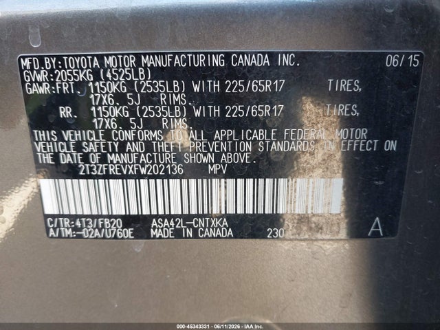 45343331 :رقم المزاد ، 2T3ZFREVXFW202136 vin ، 2015 Toyota Rav4 Le مزاد بيع