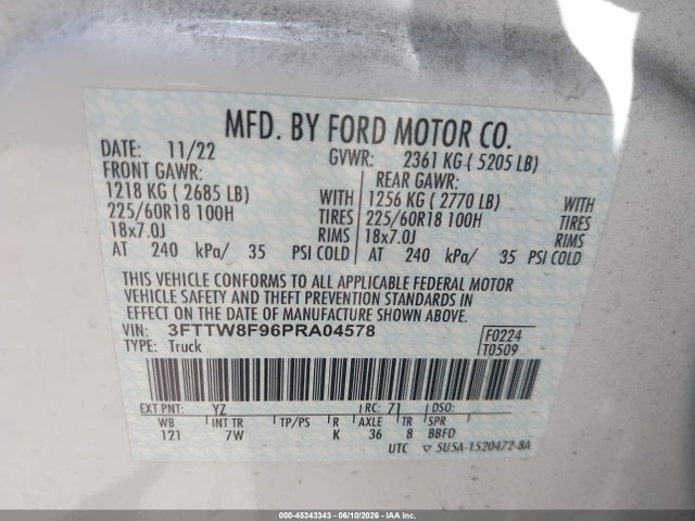 Продаж на аукціоні авто 2023 Ford Maverick Xlt, vin: 3FTTW8F96PRA04578, номер лоту: 45343343