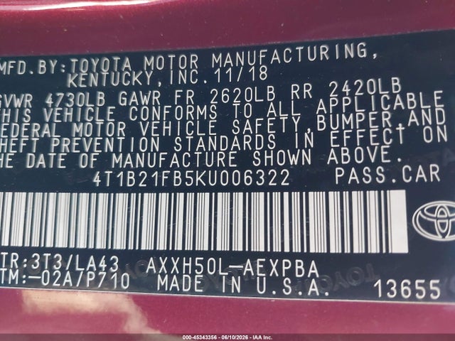 4T1B21FB5KU006322 Toyota Avalon Hybrid Limited