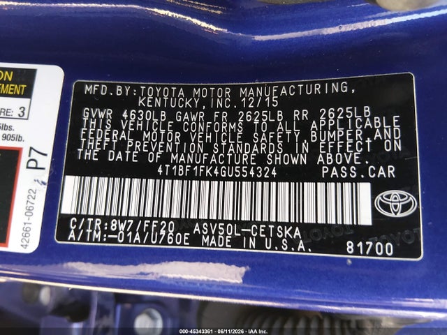 Toyota CAMRY SE 2016 4T1BF1FK4GU554324 Image 9