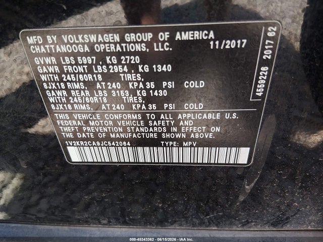 1V2KR2CA9JC542064 Volkswagen Atlas 3.6l V6 Se