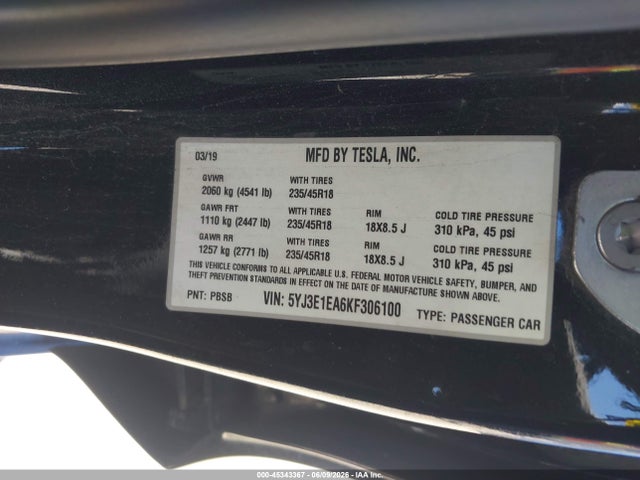 45343367 :رقم المزاد ، 5YJ3E1EA6KF306100 vin ، 2019 Tesla Model 3 Long Range/mid Range/standard Range/standard Range Plus مزاد بيع