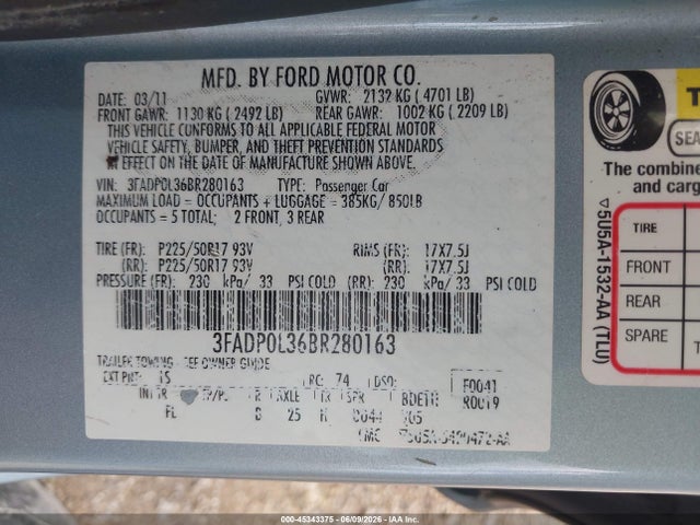 Продажа на аукционе авто 2011 Ford Fusion Hybrid, vin: 3FADP0L36BR280163, номер лота: 45343375