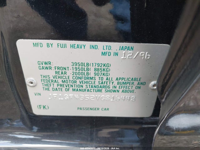 45343377 :رقم المزاد ، JF1GF4352VG816448 vin ، 1997 Subaru Impreza L مزاد بيع