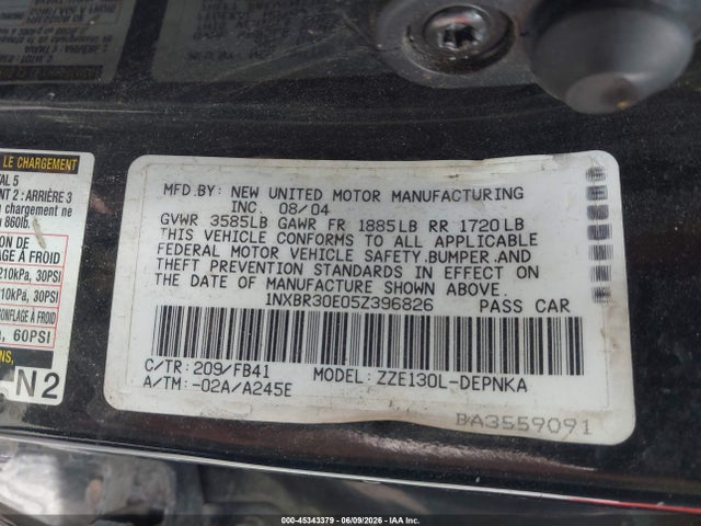 2005 Toyota Corolla Le მანქანა იყიდება აუქციონზე, vin: 1NXBR30E05Z396826, აუქციონის ნომერი: 45343379
