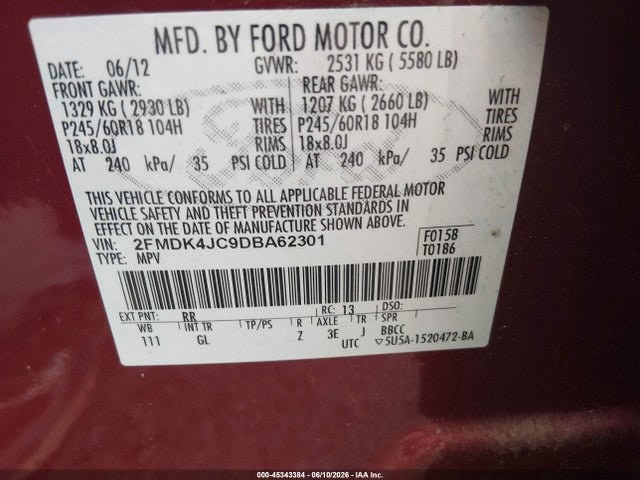 45343384 :رقم المزاد ، 2FMDK4JC9DBA62301 vin ، 2013 Ford Edge Sel مزاد بيع