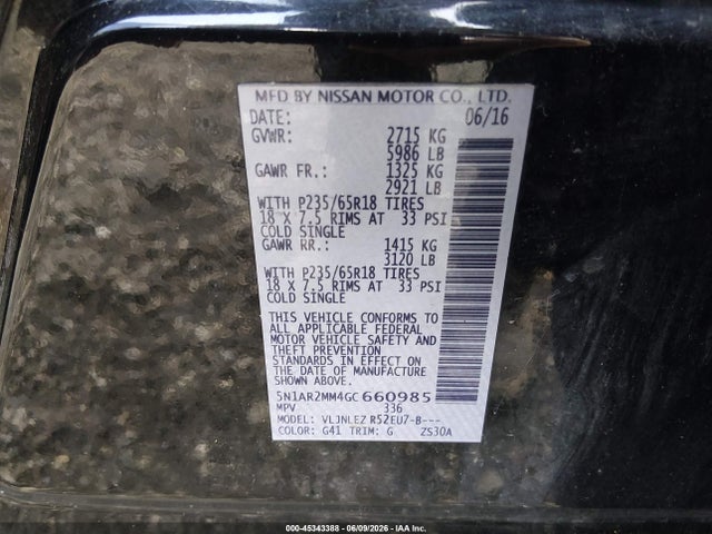 Aukcja sprzedaży 2016 Nissan Pathfinder Platinum/s/sl/sv, vin: 5N1AR2MM4GC660985, numer aukcji: 45343388
