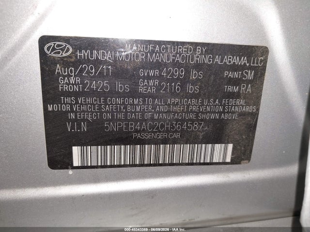 Aukcja sprzedaży 2012 Hyundai Sonata Gls, vin: 5NPEB4AC2CH364587, numer aukcji: 45343389