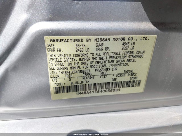 2004 Nissan Maxima 3.5 Sl მანქანა იყიდება აუქციონზე, vin: 1N4BA41E64C856033, აუქციონის ნომერი: 45343400