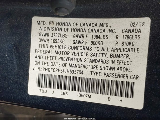 45343405 :رقم المزاد ، 2HGFC2F54JH535704 vin ، 2018 Honda Civic Lx مزاد بيع