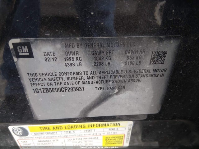 Aukcja sprzedaży 2012 Chevrolet Malibu Ls, vin: 1G1ZB5E00CF283937, numer aukcji: 45343424