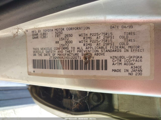 45343428 :رقم المزاد ، JT3GN86R2X0122071 vin ، 1999 Toyota 4runner Sr5 V6 مزاد بيع