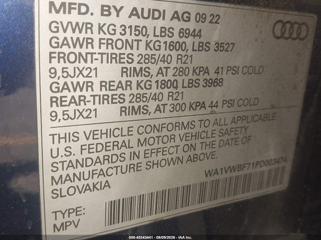 Продажа на аукционе авто 2023 Audi Sq7 Prestige Tfsi Quattro Tiptronic, vin: WA1VWBF71PD003474, номер лота: 45343441