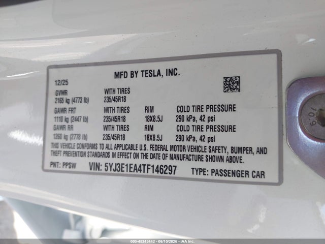 Aukcja sprzedaży 2026 Tesla Model 3 Premium Rear-wheel Drive/rear-wheel Drive, vin: 5YJ3E1EA4TF146297, numer aukcji: 45343442