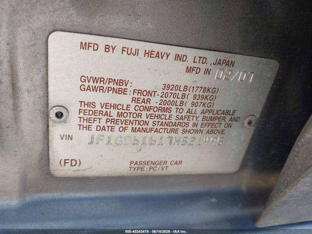2007 Subaru Impreza 2.5i მანქანა იყიდება აუქციონზე, vin: JF1GD61617H521495, აუქციონის ნომერი: 45343478